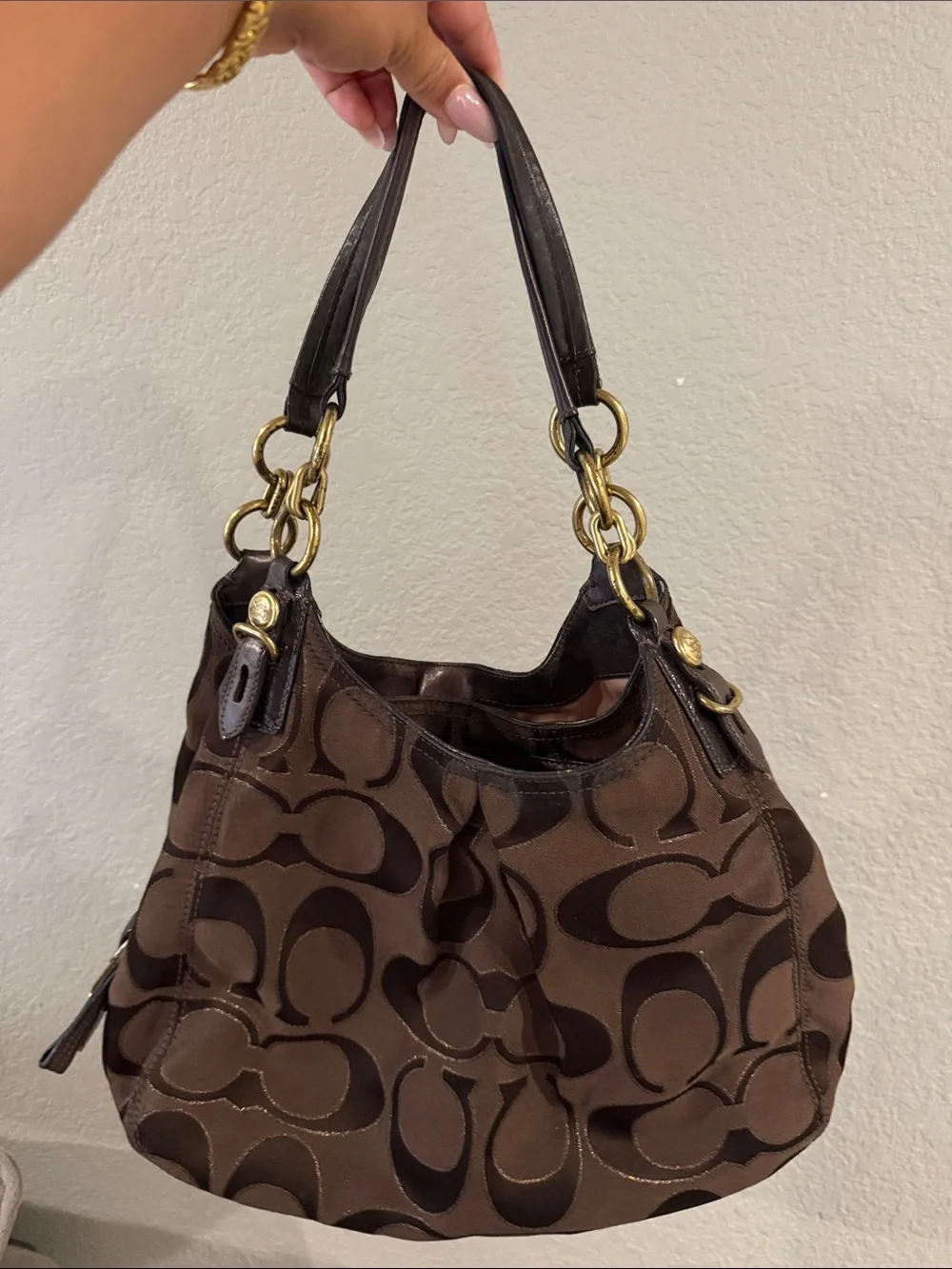 Coach Brown Signature Canvas Shoulder Bag with Gold Hardware